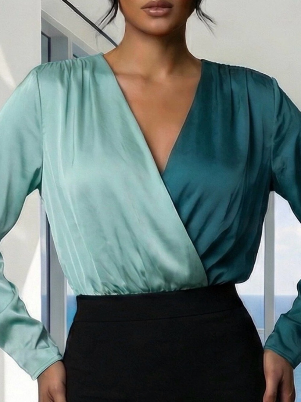 REVOLVE Strut & Bolt Two-Tone Satin Wrap Blouse in Light Aqua and Teal